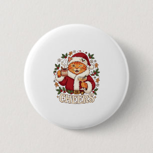 Cheers Christmas Orange Cat Santa Hat Drinks Ginge 6 Cm Round Badge