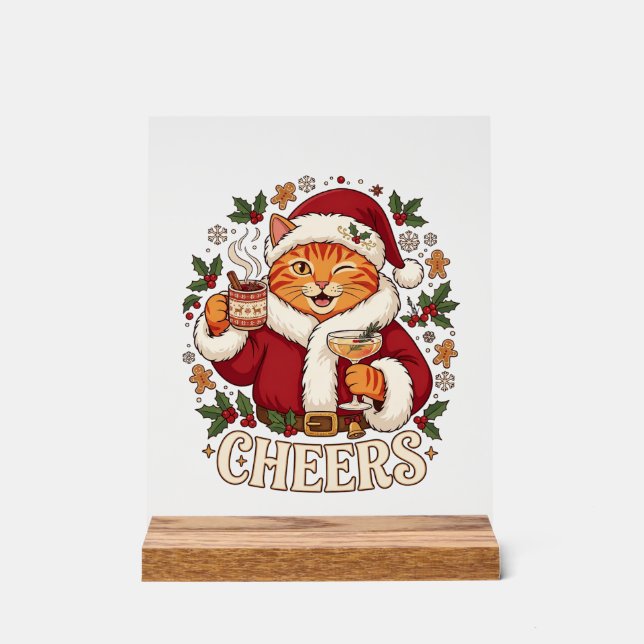 Cheers Christmas Orange Cat Santa Hat Drinks Ginge Acrylic Sign (Front)