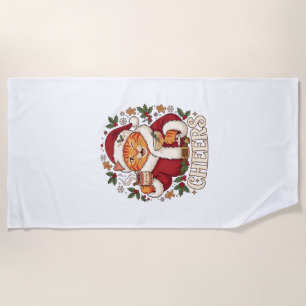 Cheers Christmas Orange Cat Santa Hat Drinks Ginge Beach Towel