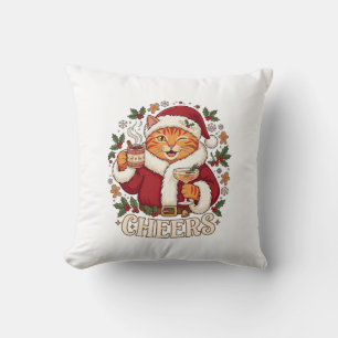 Cheers Christmas Orange Cat Santa Hat Drinks Ginge Cushion
