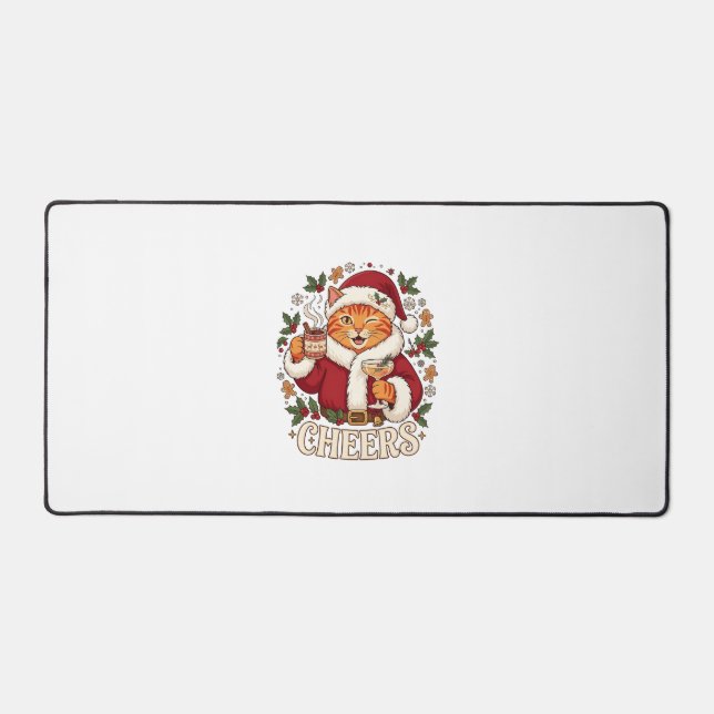 Cheers Christmas Orange Cat Santa Hat Drinks Ginge Desk Mat (Front)