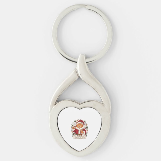 Cheers Christmas Orange Cat Santa Hat Drinks Ginge Key Ring (Front)