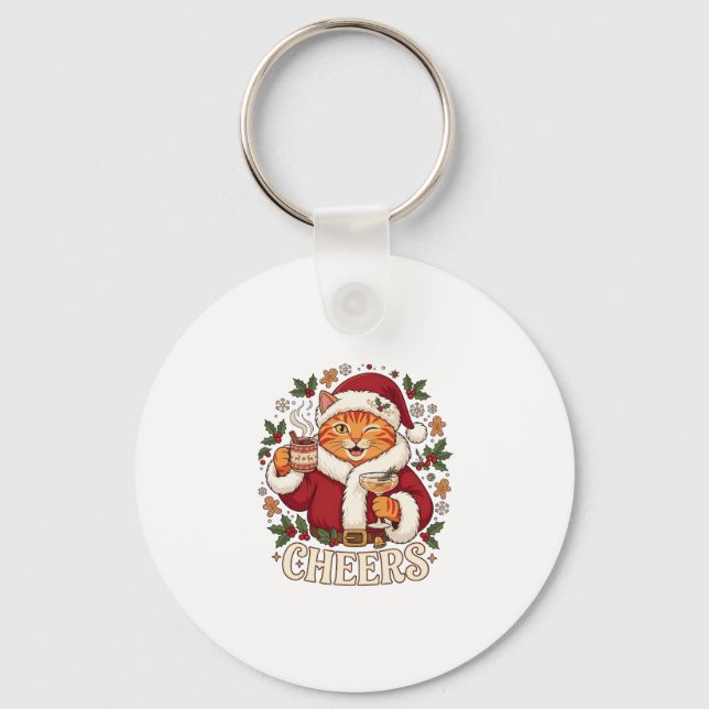 Cheers Christmas Orange Cat Santa Hat Drinks Ginge Key Ring (Front)