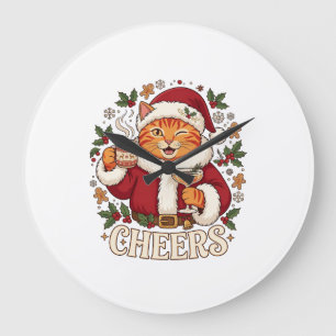 Cheers Christmas Orange Cat Santa Hat Drinks Ginge Large Clock