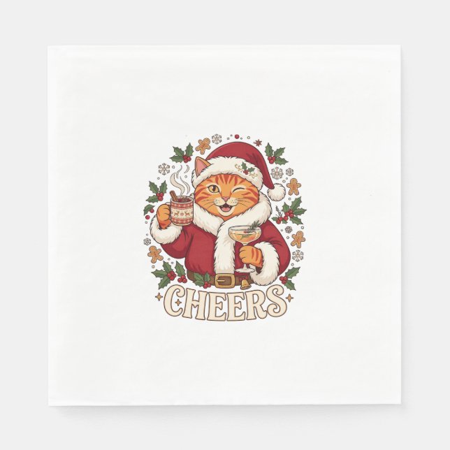 Cheers Christmas Orange Cat Santa Hat Drinks Ginge Napkin (Front)
