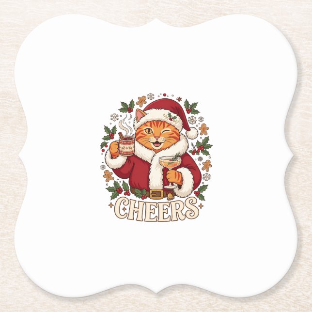 Cheers Christmas Orange Cat Santa Hat Drinks Ginge Paper Coaster (Front)
