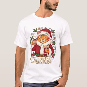 Cheers Christmas Orange Cat Santa Hat Drinks Ginge T-Shirt