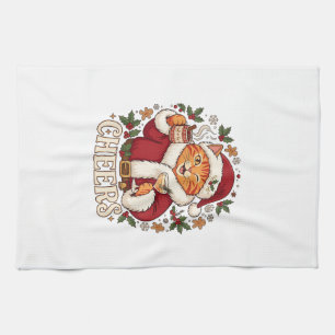 Cheers Christmas Orange Cat Santa Hat Drinks Ginge Tea Towel
