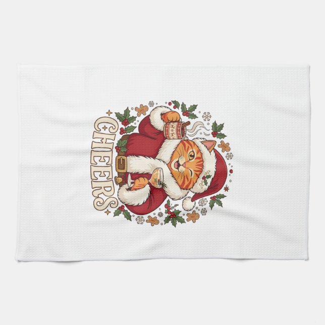 Cheers Christmas Orange Cat Santa Hat Drinks Ginge Tea Towel (Horizontal)