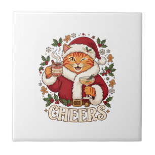 Cheers Christmas Orange Cat Santa Hat Drinks Ginge Tile