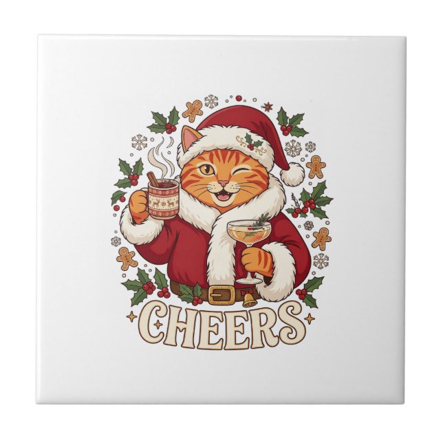 Cheers Christmas Orange Cat Santa Hat Drinks Ginge Tile (Front)