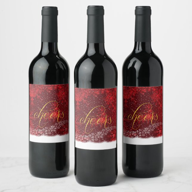 Cheers Christmas Red White Snowflakes  Wine Label (Bottles)