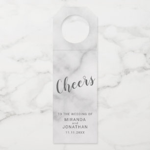 'Cheers' Classy Elegant Script Marble Wedding Bottle Tag