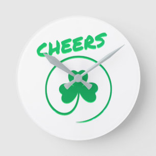 Cheers Clover Shamrock Green an White Elegant Round Clock