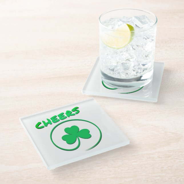Cheers Clover Shamrock Irish Green St Patricks Day Glass Coaster (Angled)