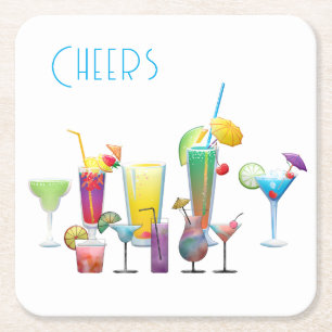 Cheers, Colourful Cocktails Fun Square Paper Coaster