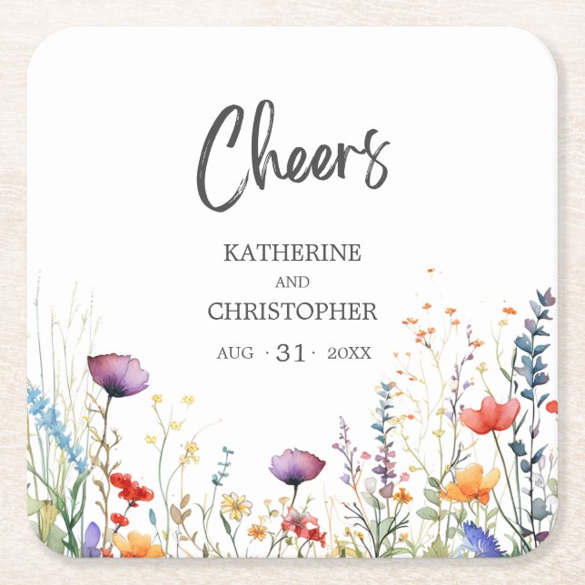 Cheers Colourful Wildflowers Elegant Wedding Square Paper Coaster (Front)