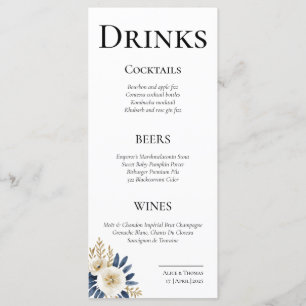 Cheers Couple Floral Blue Gold Menu Cards