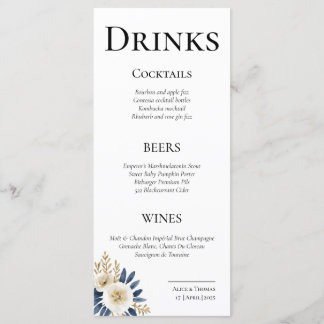 Cheers Couple Floral Blue Gold Menu Cards