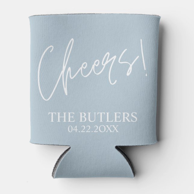 Cheers! Custom Dusty Blue Wedding Can Cooler (Front)