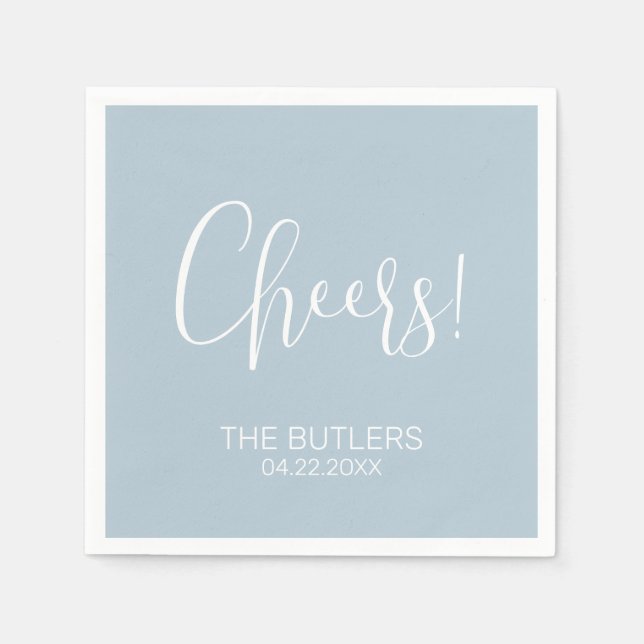 Cheers! Custom Dusty Blue Wedding Napkins (Front)