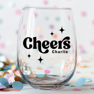 Cheers custom name retro stars stemless wine glass