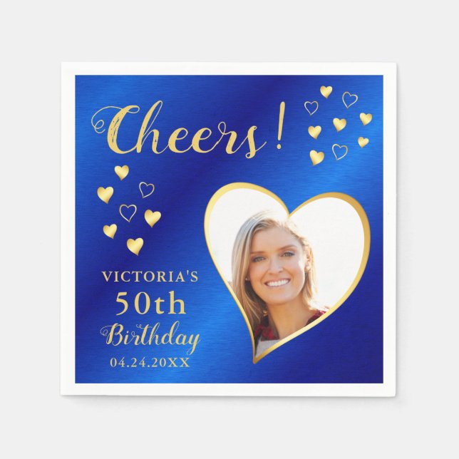 Cheers Custom Photo Blue and Gold 50th Birthday Napkin (Front)