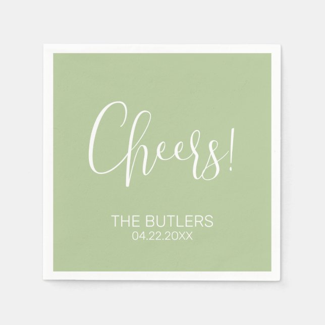 Cheers! Custom Sage Green Wedding Napkins (Front)