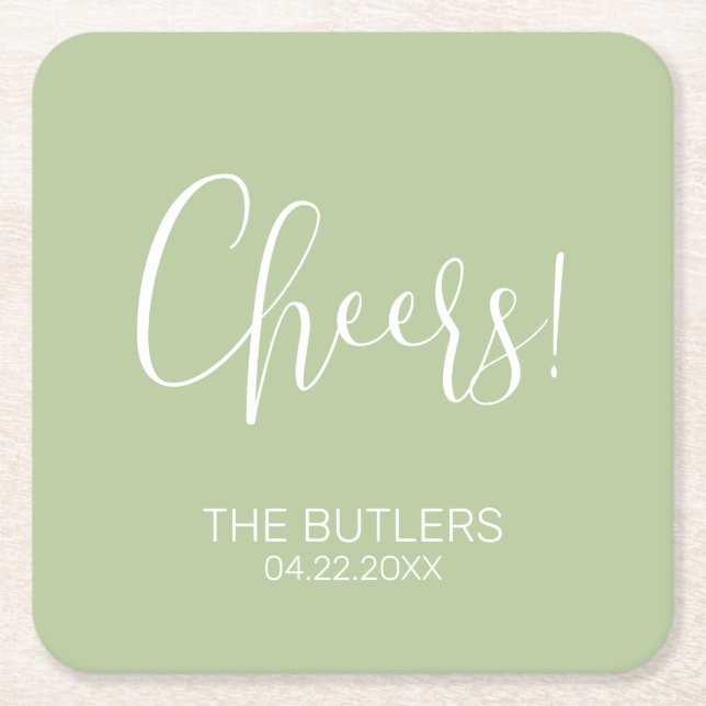 Cheers! Custom Sage Green Wedding Paper Coaster (Front)