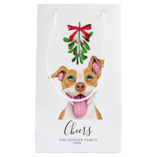 Cheers Cute Pitbull Dog and Mistletoe Christmas Small Gift Bag