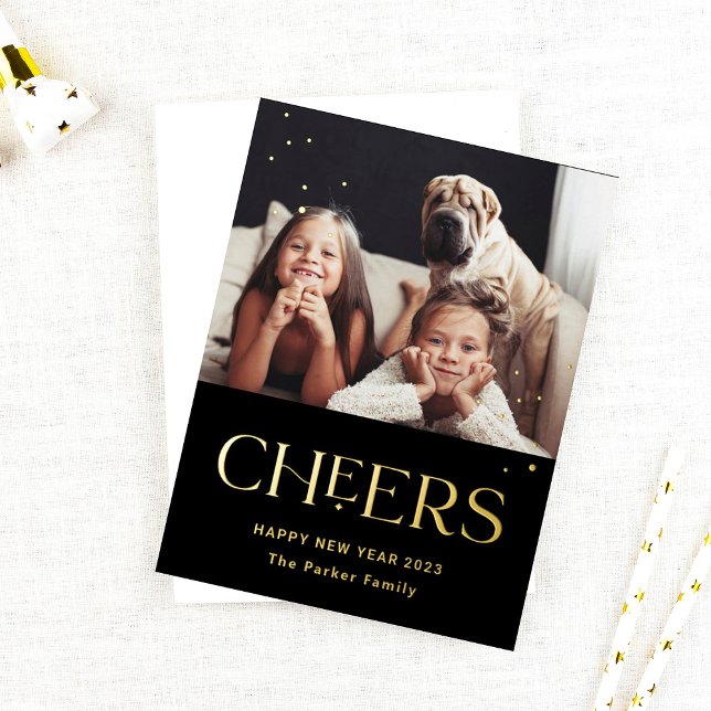 Cheers | Decorative Text Happy New Year Photo Foil Holiday Postcard (Creator Uploaded)