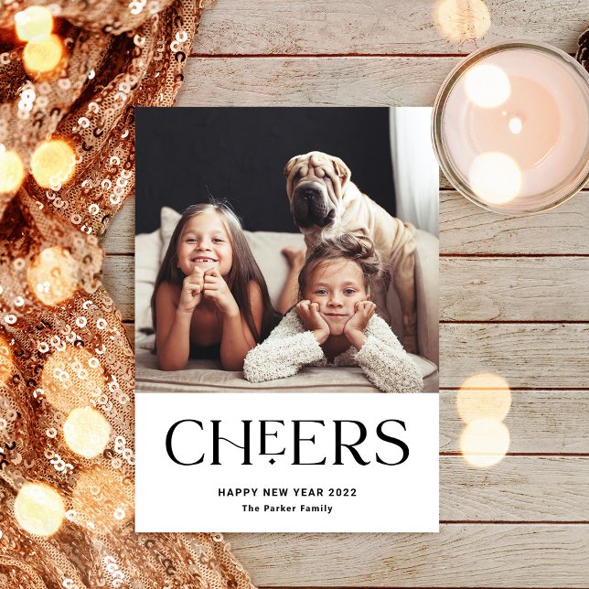 Cheers | Decorative Text Happy New Year Two Photo Holiday Card (Creator Uploaded)