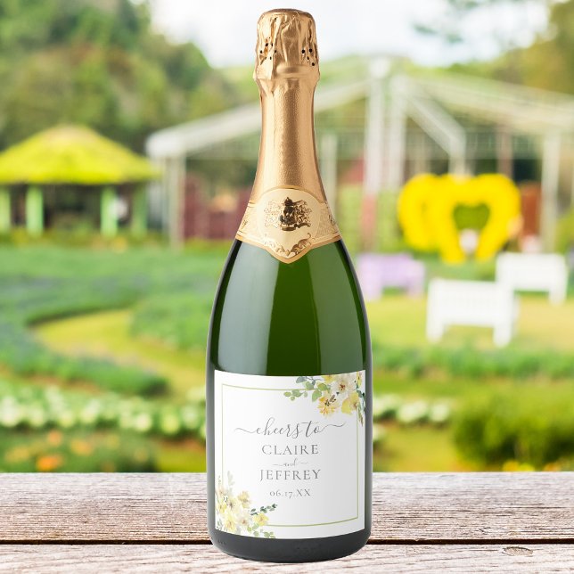 Cheers Delicate Yellow Floral Sage Green Wedding Sparkling Wine Label (Creator Uploaded)