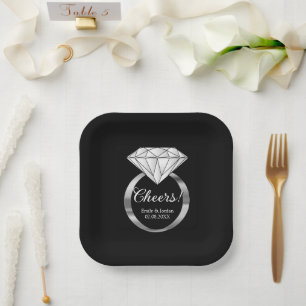 Cheers Diamond Wedding Ring Custom Text Black Paper Plate
