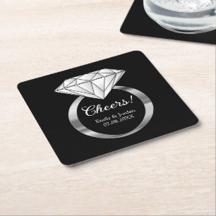 Cheers Diamond Wedding Ring Custom Text Black Square Paper Coaster