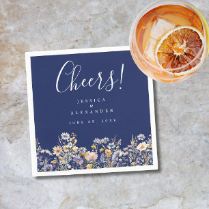 Cheers Dusty Blue Wildflowers Elegant Navy Wedding Napkin