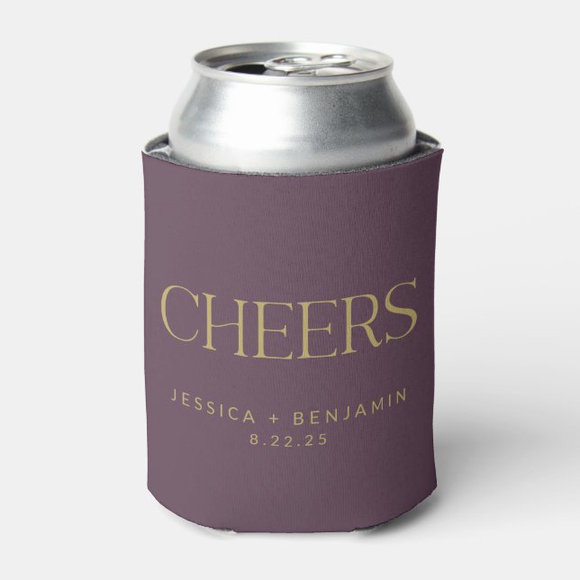 Cheers Elegant Aubergine Gold Typography Wedding Can Cooler (Can Front)