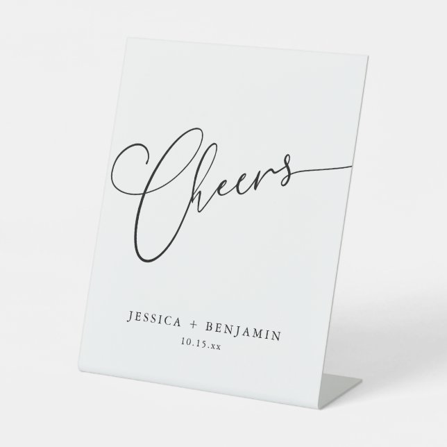 Cheers Elegant Black White Script Custom Wedding Pedestal Sign (Front)