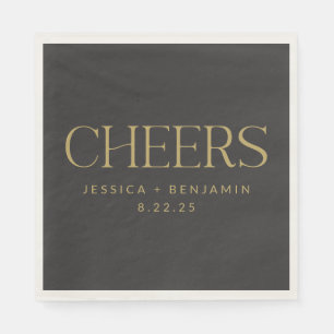 Cheers Elegant Black with Gold Typography Wedding Napkin