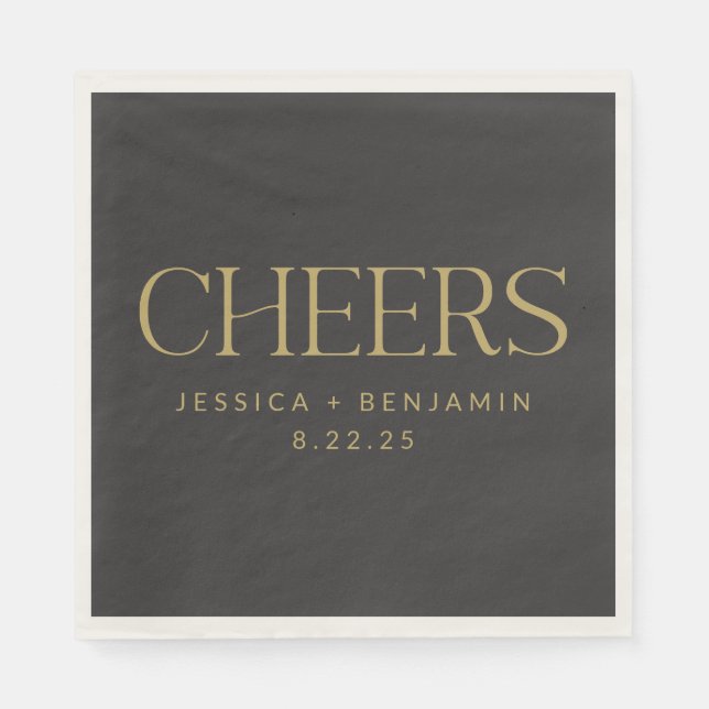 Cheers Elegant Black with Gold Typography Wedding Napkin (Front)