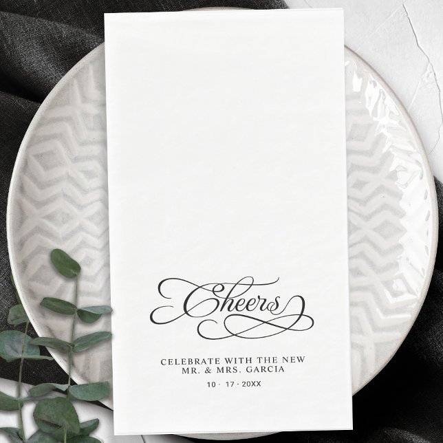 Cheers Elegant Bride & Groom Calligraphy Black Napkin (Cheers Elegant Bride & Groom Calligraphy Black Paper Guest Towels)