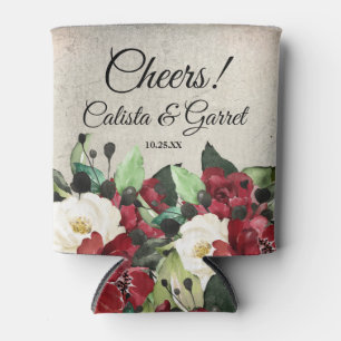 Cheers! Elegant Dark Red Floral Goth Wedding Can Cooler