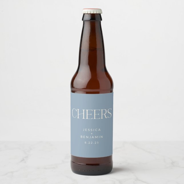 Cheers Elegant Dusty Blue Typography Wedding  Beer Bottle Label (Front)