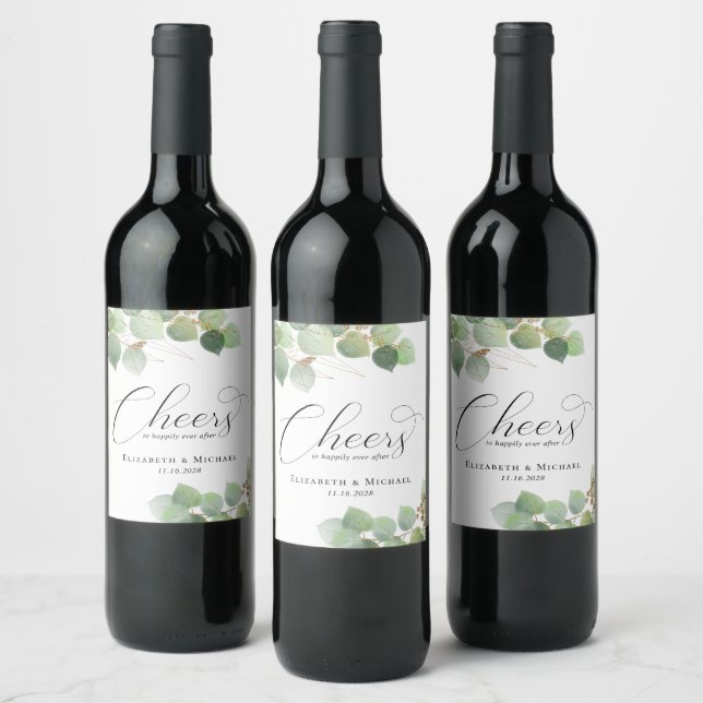 Cheers Elegant Eucalyptus Watercolor Wedding Wine Label (Bottles)