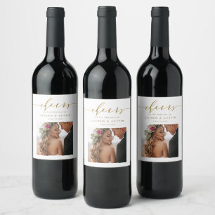 Cheers Elegant Gold Script Photo Wedding Wine Label