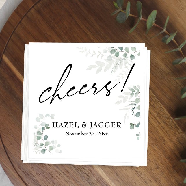 Cheers! Elegant Greenery + Wedding Typography Napkin (Creator Uploaded)