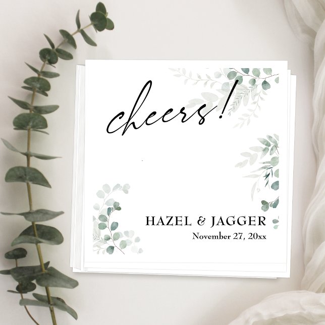 Cheers! Elegant Greenery + Wedding Typography Napkin (Creator Uploaded)