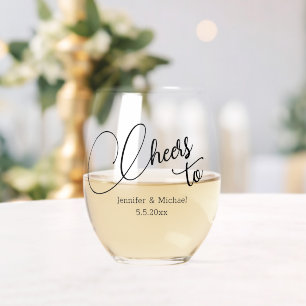 cheers elegant minimal modern script  wedding  stemless wine glass