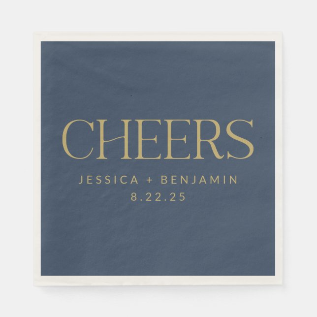 Cheers Elegant Navy Blue Gold Typography Wedding Napkin (Front)