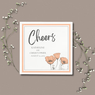 Cheers Elegant Peach Floral Poppies Wedding Napkin